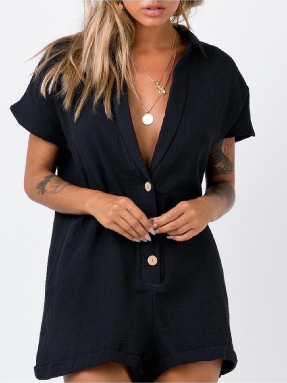 Black Short-Sleeve Swim Cover-Up Romper